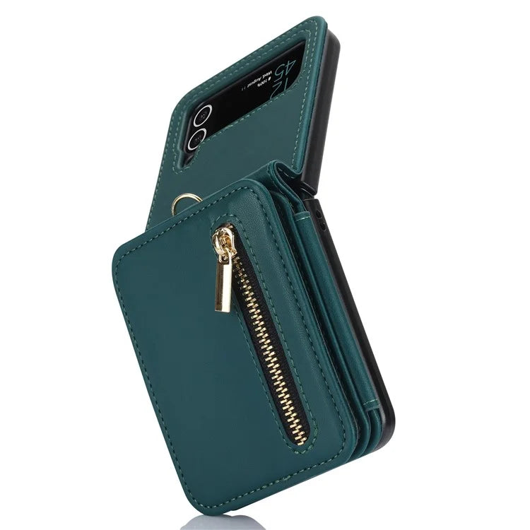For Samsung Galaxy Z Flip3 5G Crossbody Phone Case PU Leather Coated PC Cover with Card Holderish Green