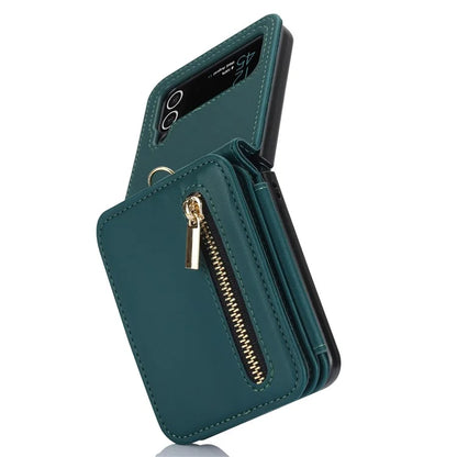 For Samsung Galaxy Z Flip3 5G Crossbody Phone Case PU Leather Coated PC Cover with Card Holderish Green