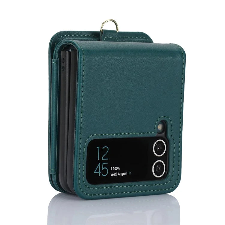 For Samsung Galaxy Z Flip3 5G Crossbody Phone Case PU Leather Coated PC Cover with Card Holderish Green