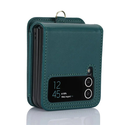 For Samsung Galaxy Z Flip3 5G Crossbody Phone Case PU Leather Coated PC Cover with Card Holderish Green