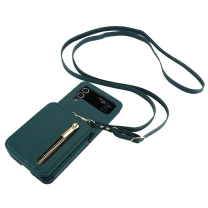 For Samsung Galaxy Z Flip3 5G Crossbody Phone Case PU Leather Coated PC Cover with Card Holderish Green