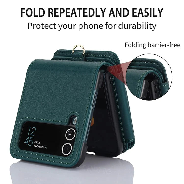 For Samsung Galaxy Z Flip3 5G Crossbody Phone Case PU Leather Coated PC Cover with Card Holderish Green