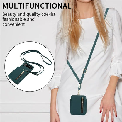 For Samsung Galaxy Z Flip3 5G Crossbody Phone Case PU Leather Coated PC Cover with Card Holderish Green