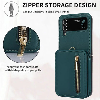 For Samsung Galaxy Z Flip3 5G Crossbody Phone Case PU Leather Coated PC Cover with Card Holderish Green