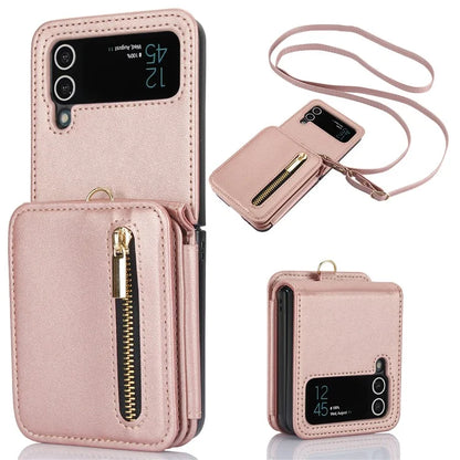 For Samsung Galaxy Z Flip3 5G Crossbody Phone Case PU Leather Coated PC Cover with Card Holder