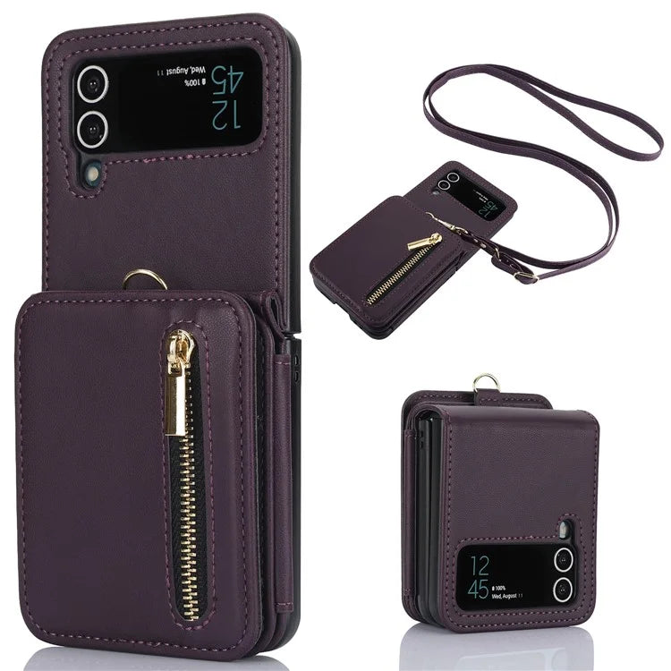 For Samsung Galaxy Z Flip3 5G Crossbody Phone Case PU Leather Coated PC Cover with Card Holder