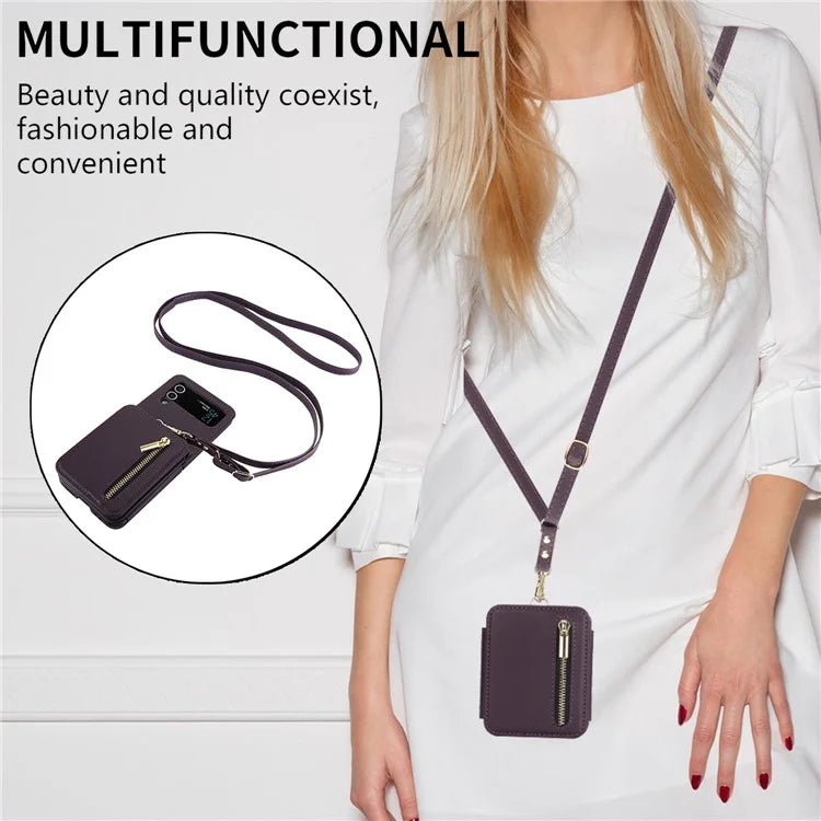 For Samsung Galaxy Z Flip3 5G Crossbody Phone Case PU Leather Coated PC Cover with Card Holder