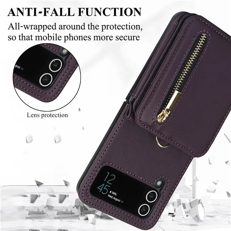For Samsung Galaxy Z Flip3 5G Crossbody Phone Case PU Leather Coated PC Cover with Card Holder