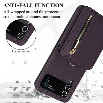 For Samsung Galaxy Z Flip3 5G Crossbody Phone Case PU Leather Coated PC Cover with Card Holder