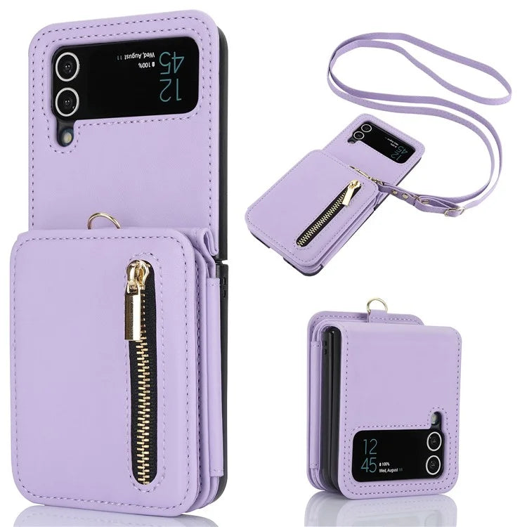 For Samsung Galaxy Z Flip3 5G Crossbody Phone Case PU Leather Coated PC Cover with Card Holder