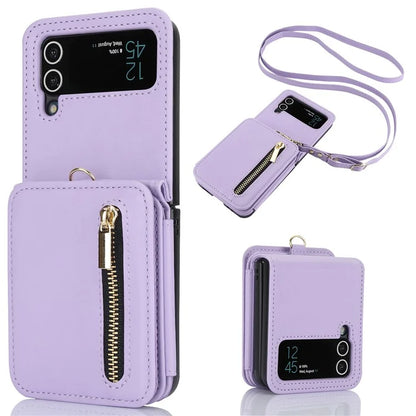 For Samsung Galaxy Z Flip3 5G Crossbody Phone Case PU Leather Coated PC Cover with Card Holder