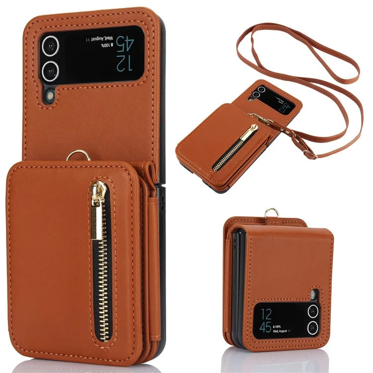 For Samsung Galaxy Z Flip3 5G Crossbody Phone Case PU Leather Coated PC Cover with Card Holder