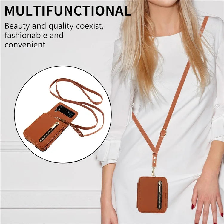 For Samsung Galaxy Z Flip3 5G Crossbody Phone Case PU Leather Coated PC Cover with Card Holder