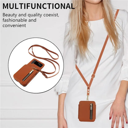 For Samsung Galaxy Z Flip3 5G Crossbody Phone Case PU Leather Coated PC Cover with Card Holder