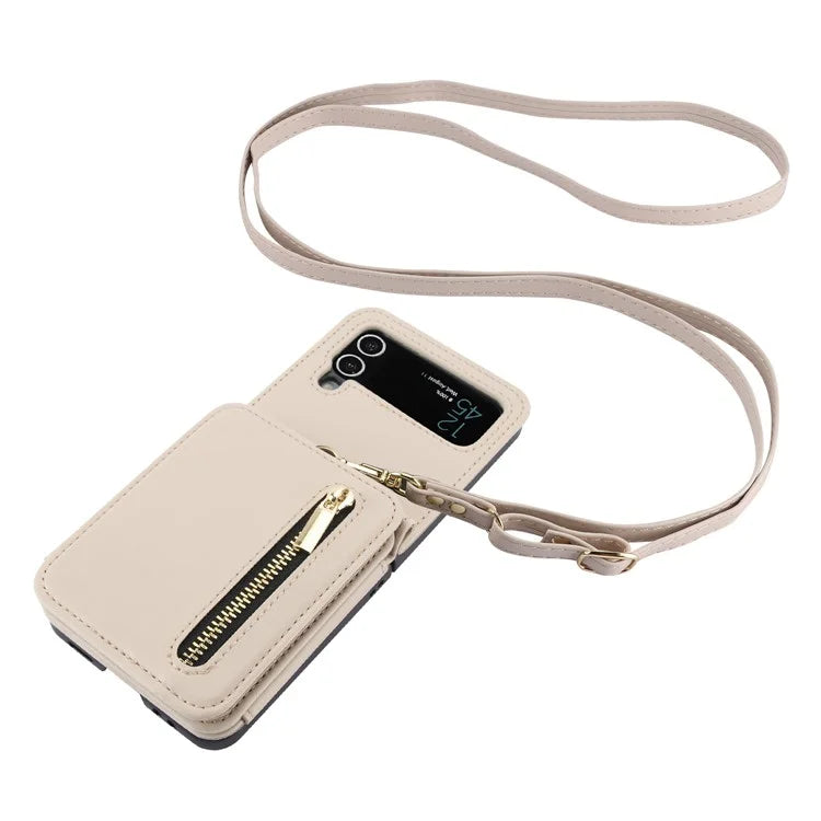 For Samsung Galaxy Z Flip3 5G Crossbody Phone Case PU Leather Coated PC Cover with Card Holder