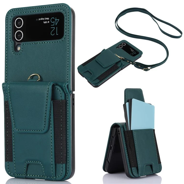 For Samsung Galaxy Z Flip4 5G Crossbody Phone Case PU Leather Back Coverish Green