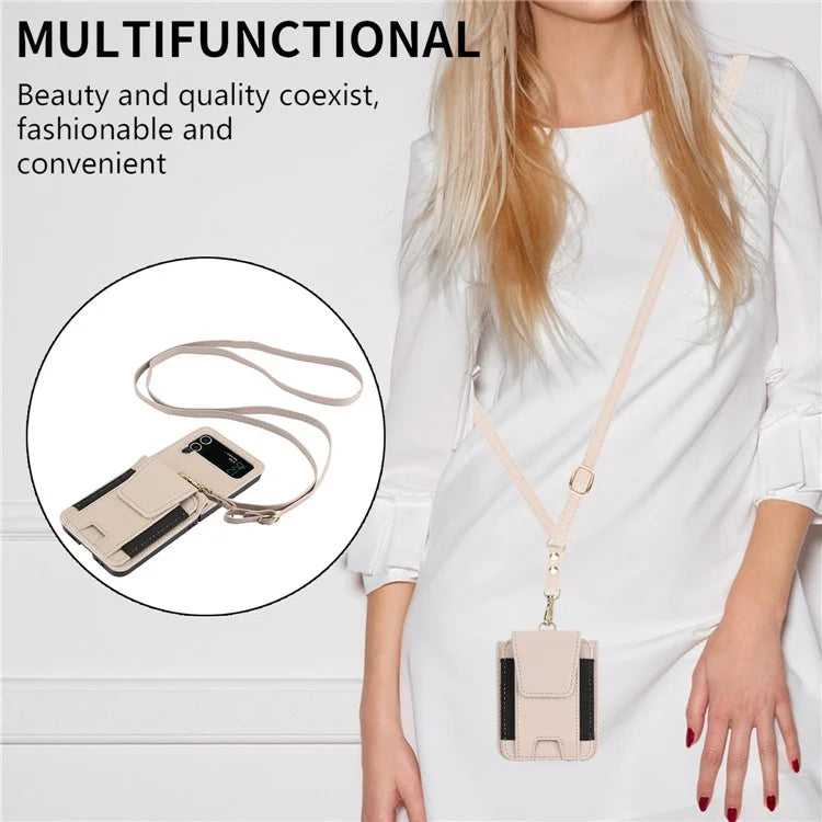 For Samsung Galaxy Z Flip3 5G PU Leather+PC Phone Case Card Holder with Lanyard