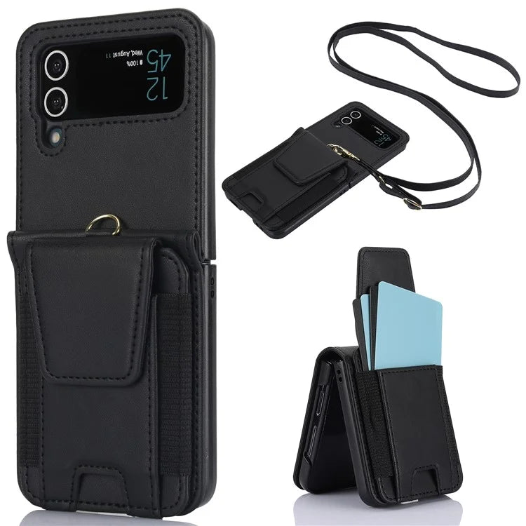 For Samsung Galaxy Z Flip3 5G PU Leather+PC Phone Case Card Holder with Lanyard