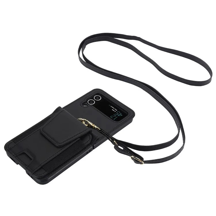 For Samsung Galaxy Z Flip3 5G PU Leather+PC Phone Case Card Holder with Lanyard