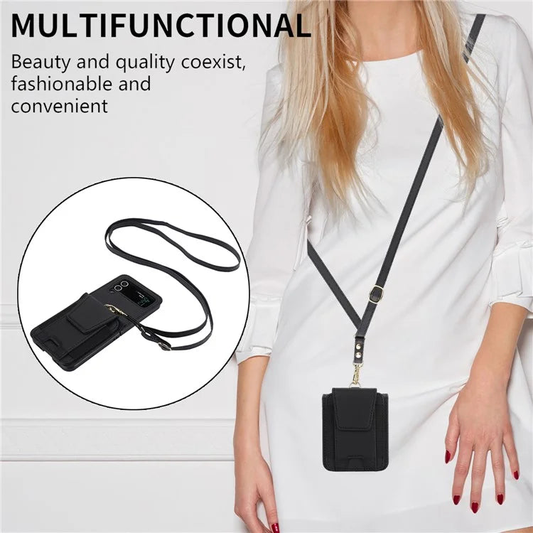 For Samsung Galaxy Z Flip3 5G PU Leather+PC Phone Case Card Holder with Lanyard