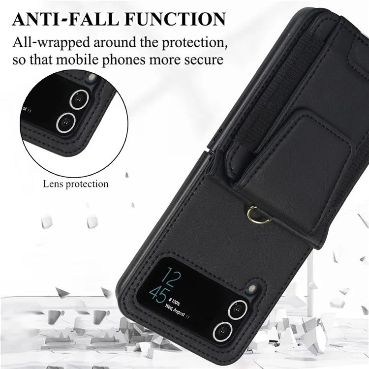 For Samsung Galaxy Z Flip3 5G PU Leather+PC Phone Case Card Holder with Lanyard