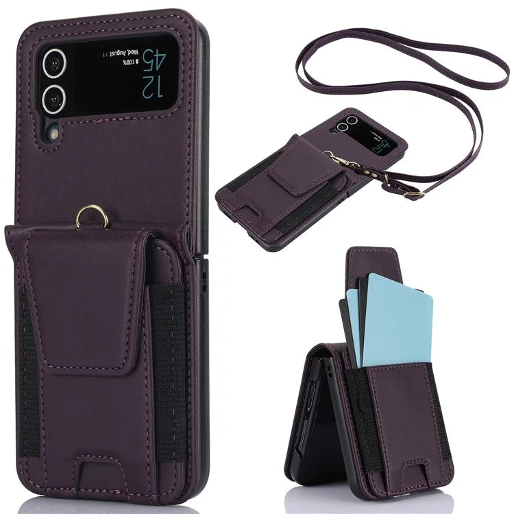For Samsung Galaxy Z Flip3 5G PU Leather+PC Phone Case Card Holder with Lanyard