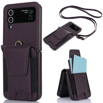 For Samsung Galaxy Z Flip3 5G PU Leather+PC Phone Case Card Holder with Lanyard