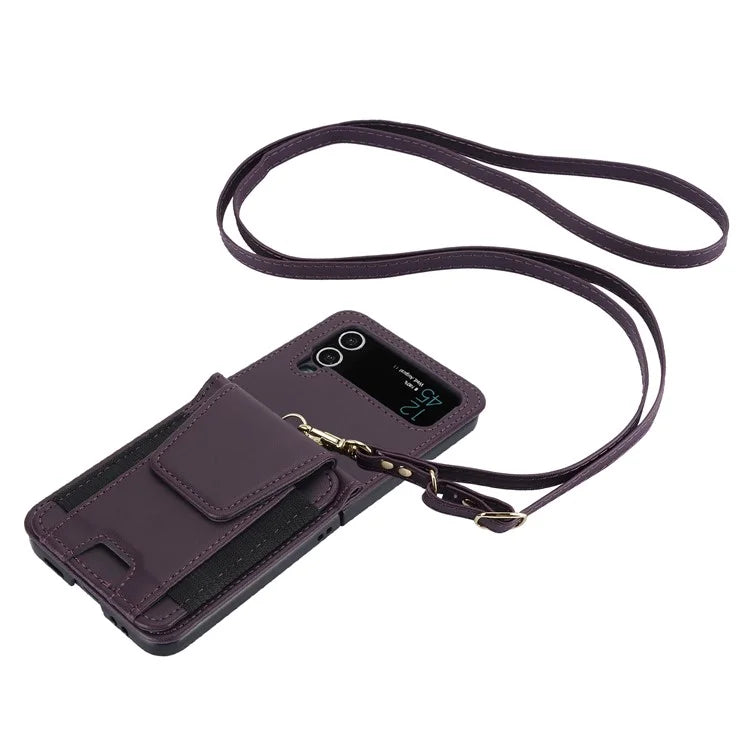 For Samsung Galaxy Z Flip3 5G PU Leather+PC Phone Case Card Holder with Lanyard