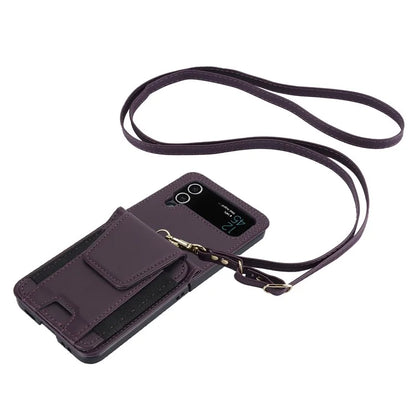 For Samsung Galaxy Z Flip3 5G PU Leather+PC Phone Case Card Holder with Lanyard