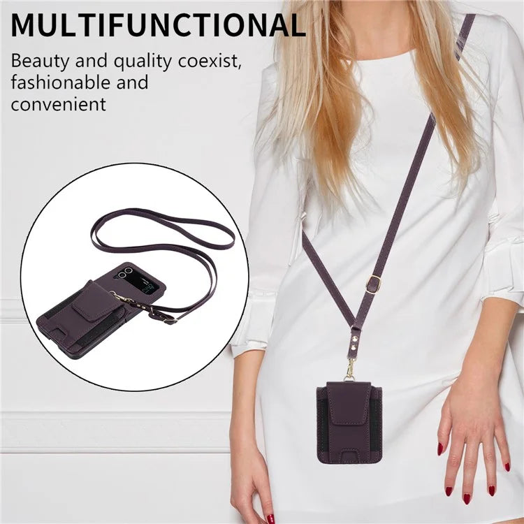 For Samsung Galaxy Z Flip3 5G PU Leather+PC Phone Case Card Holder with Lanyard