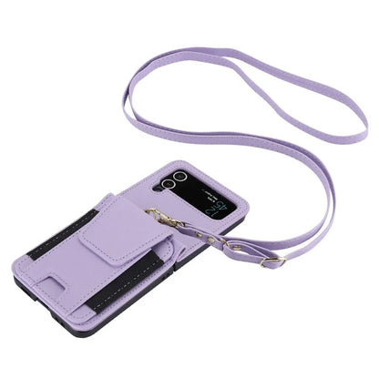 For Samsung Galaxy Z Flip3 5G PU Leather+PC Phone Case Card Holder with Lanyard
