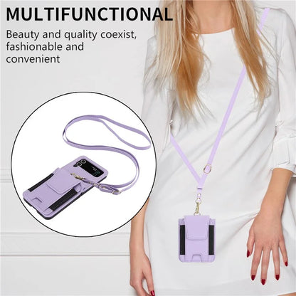 For Samsung Galaxy Z Flip3 5G PU Leather+PC Phone Case Card Holder with Lanyard