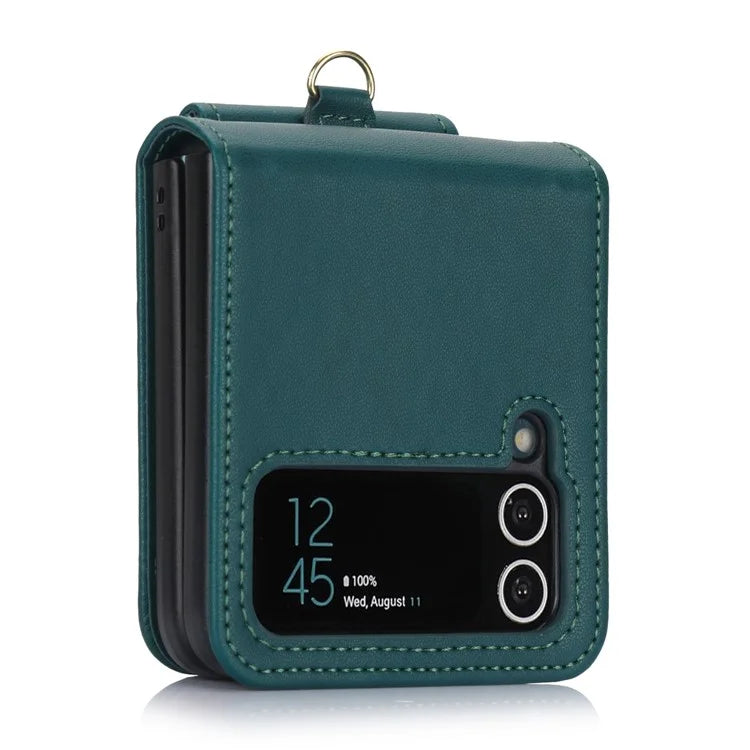 For Samsung Galaxy Z Flip3 5G PU Leather+PC Phone Case Card Holder with Lanyardish Green