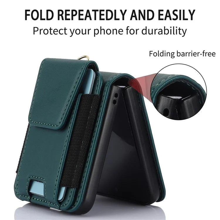 For Samsung Galaxy Z Flip3 5G PU Leather+PC Phone Case Card Holder with Lanyardish Green