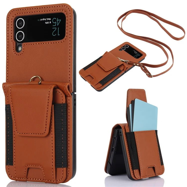 For Samsung Galaxy Z Flip3 5G PU Leather+PC Phone Case Card Holder with Lanyard