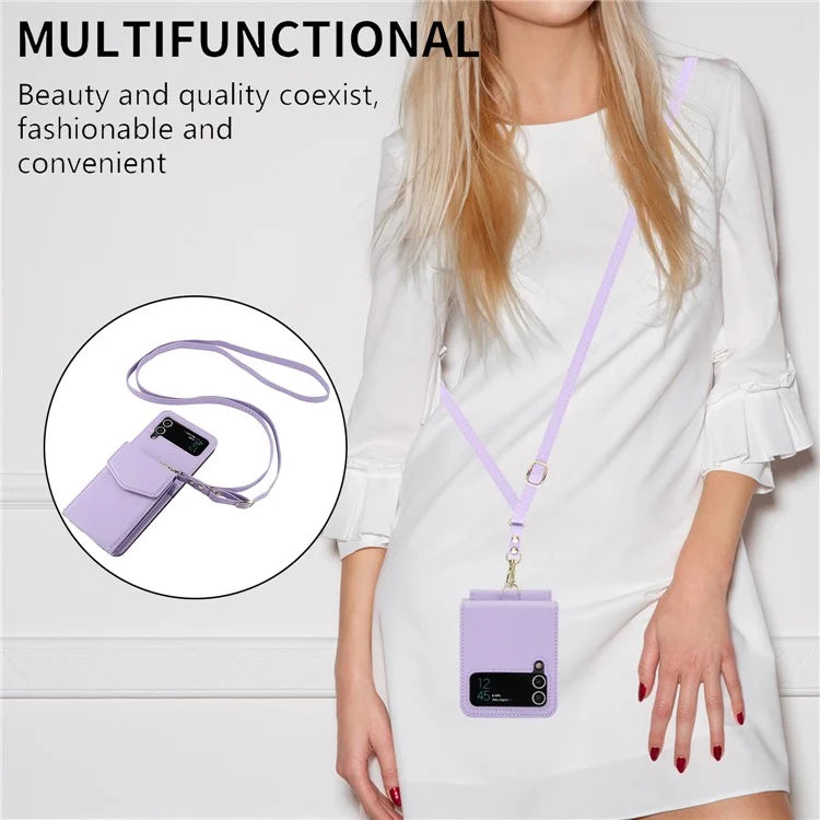 For Samsung Galaxy Z Flip3 5G RFID Blocking Case Card Holder Phone Pouch with Strap