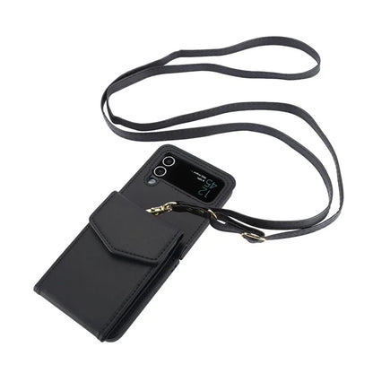 For Samsung Galaxy Z Flip3 5G RFID Blocking Case Card Holder Phone Pouch with Strap