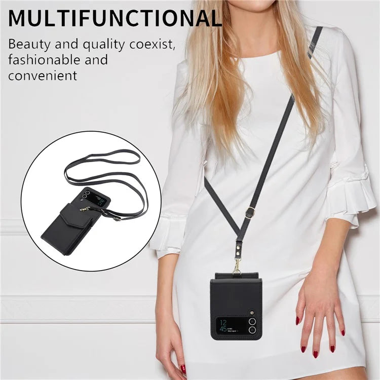 For Samsung Galaxy Z Flip3 5G RFID Blocking Case Card Holder Phone Pouch with Strap