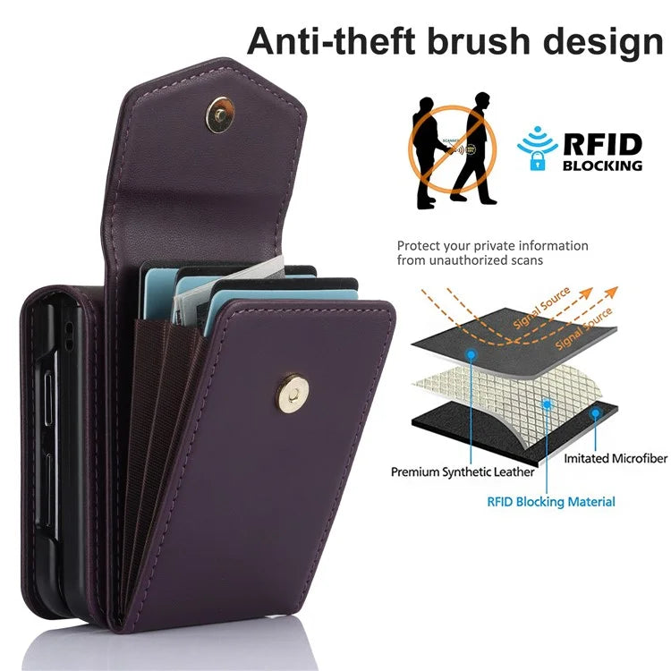 For Samsung Galaxy Z Flip3 5G RFID Blocking Case Card Holder Phone Pouch with Strap