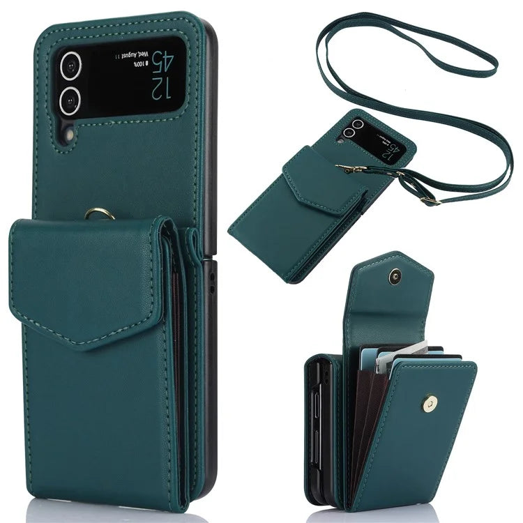 For Samsung Galaxy Z Flip3 5G RFID Blocking Case Card Holder Phone Pouch with Strapish Green
