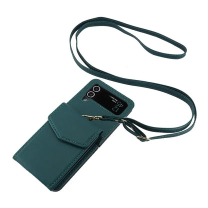 For Samsung Galaxy Z Flip3 5G RFID Blocking Case Card Holder Phone Pouch with Strapish Green