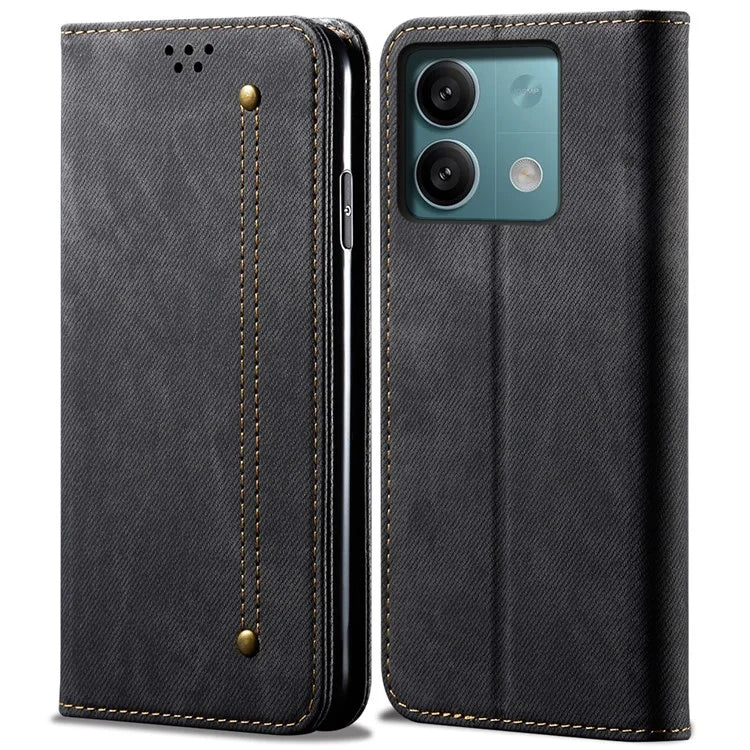 For Xiaomi Redmi Note 13 4G Leather Wallet Case Jeans Cloth Texture TPU Shockproof Shell