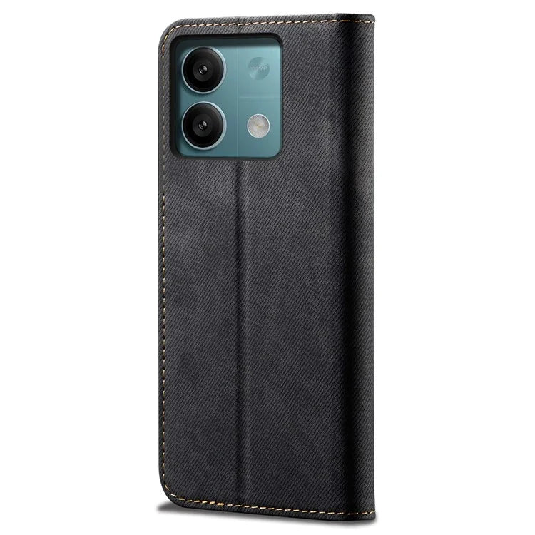 For Xiaomi Redmi Note 13 4G Leather Wallet Case Jeans Cloth Texture TPU Shockproof Shell