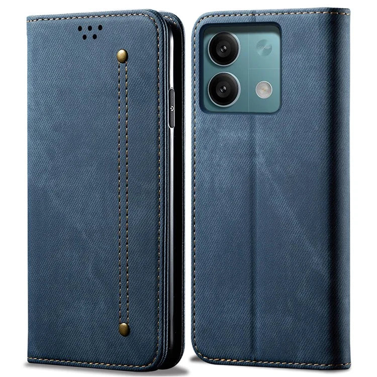 For Xiaomi Redmi Note 13 4G Leather Wallet Case Jeans Cloth Texture TPU Shockproof Shell