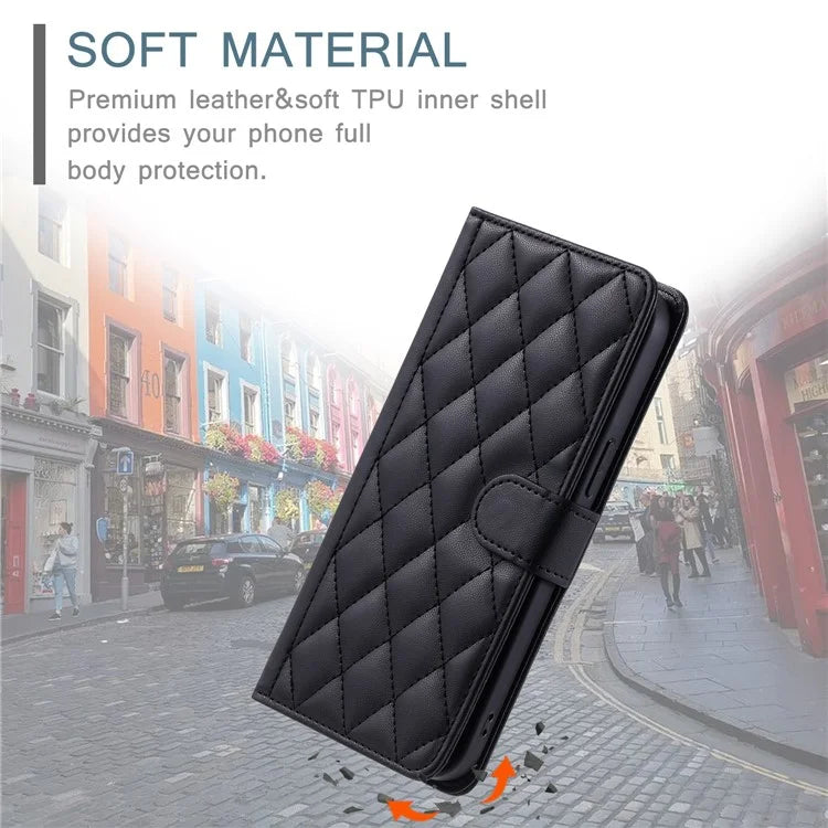 For iPhone 15 Plus Wallet Case PU Leather Cover Stitching Rhombus Grid