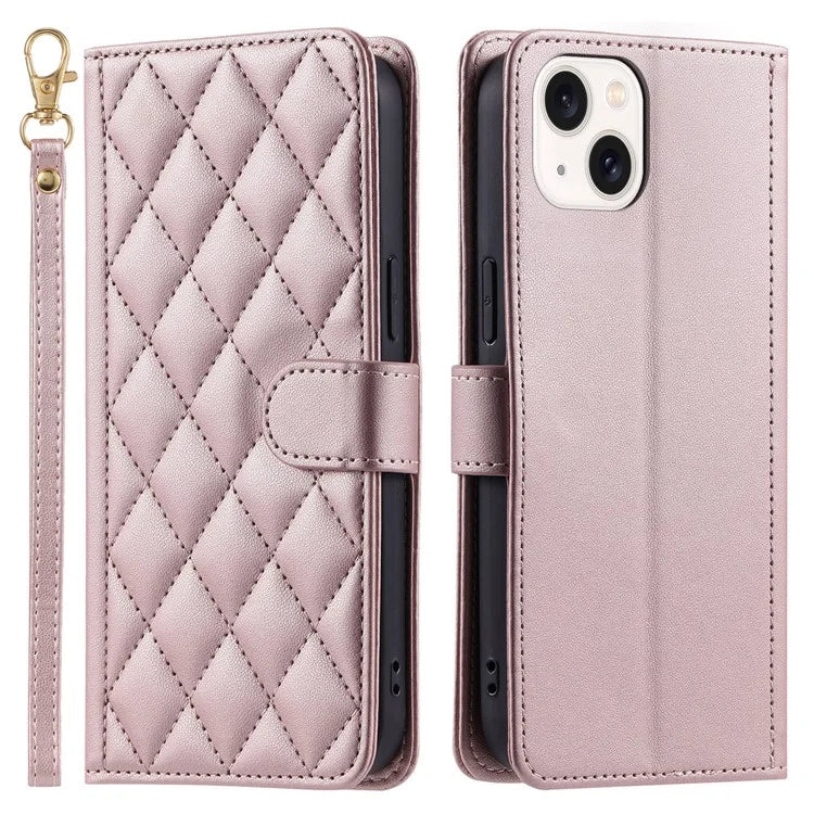 For iPhone 15 Plus Wallet Case PU Leather Cover Stitching Rhombus Grid