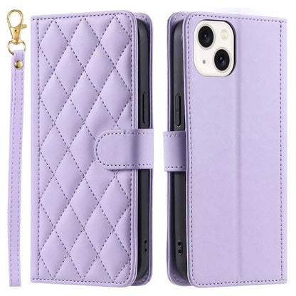 For iPhone 15 Plus Wallet Case PU Leather Cover Stitching Rhombus Grid