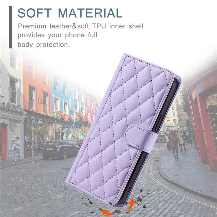 For iPhone 15 Plus Wallet Case PU Leather Cover Stitching Rhombus Grid