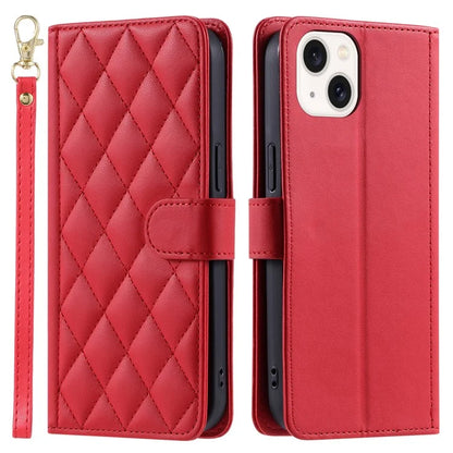 For iPhone 15 Plus Wallet Case PU Leather Cover Stitching Rhombus Grid