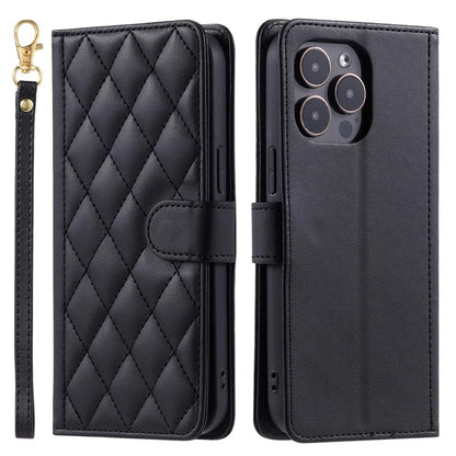 For iPhone 15 Pro Max Leather Case Stitching Rhombus Grid Stand Wallet Cover